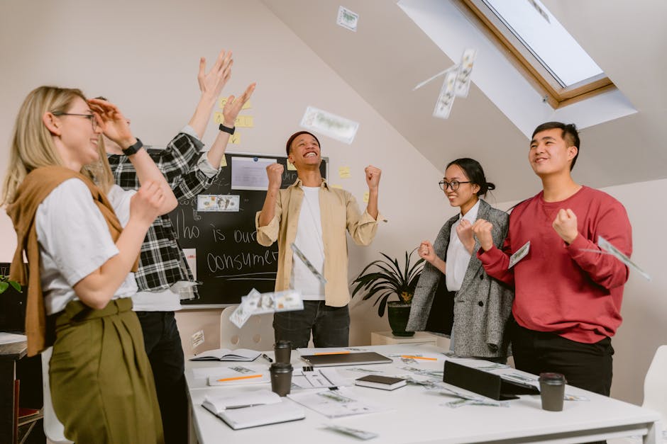 Happy employees in modern office space