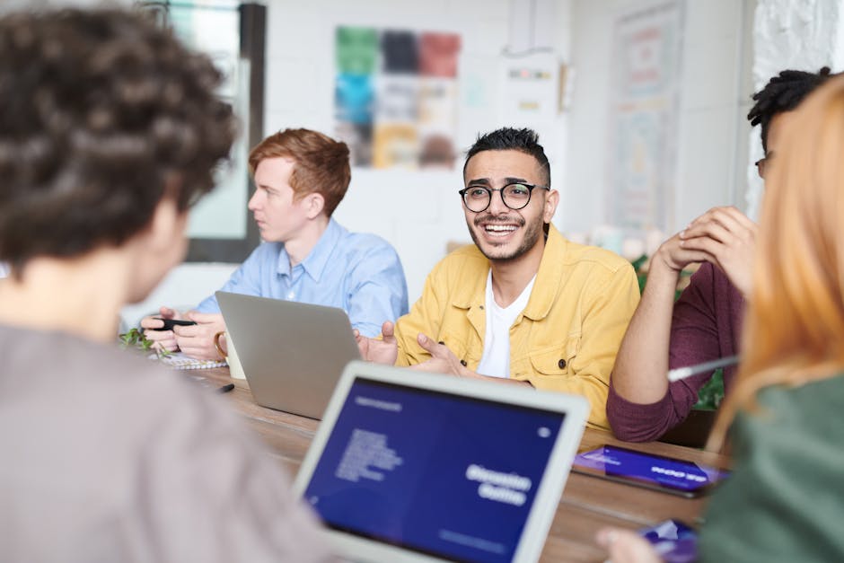 employees collaborating in high-tech meeting room