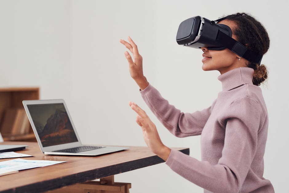 futuristic digital workplace with VR and AR