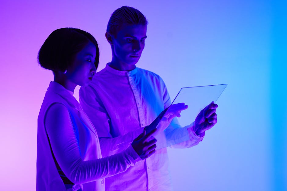 futuristic office lobby with holographic displays