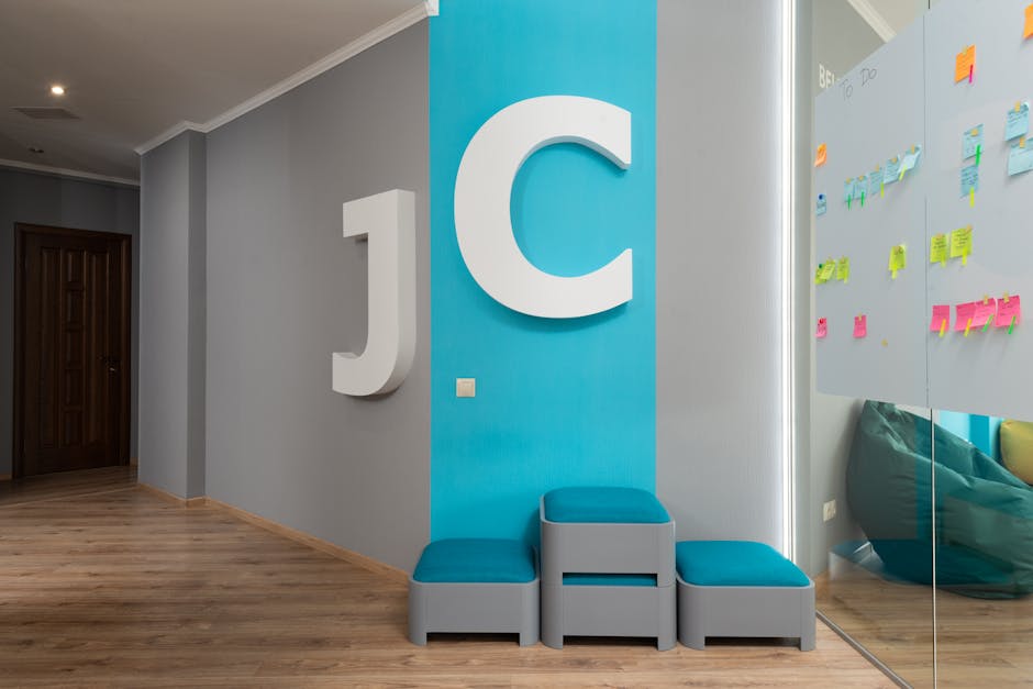 google office lobby with colorful decor and seating
