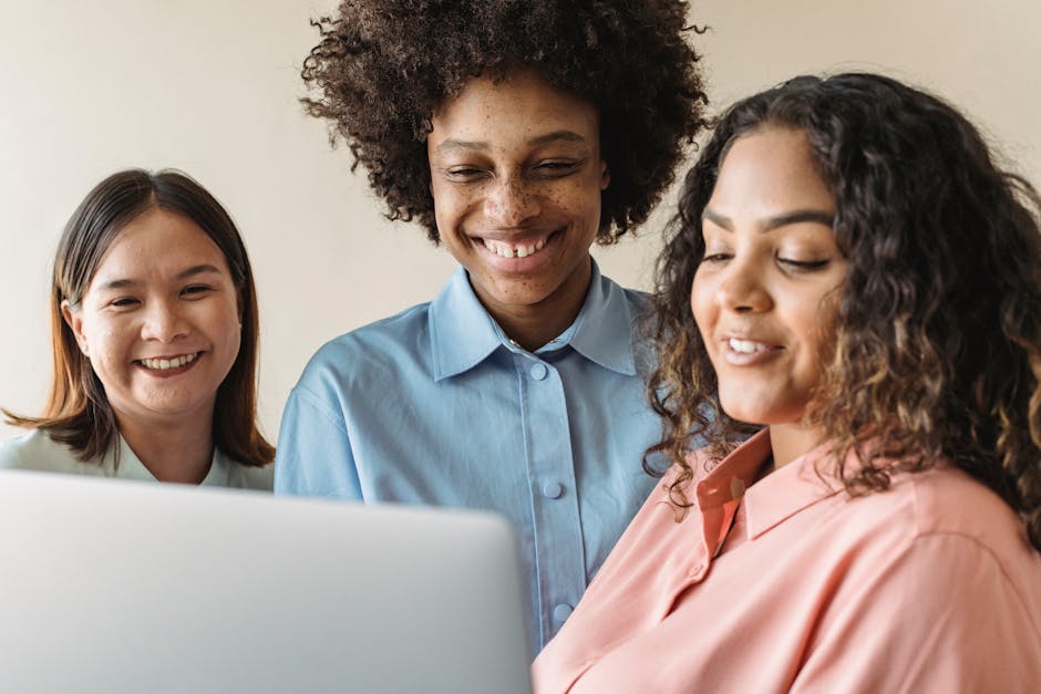 happy diverse team collaborating in office