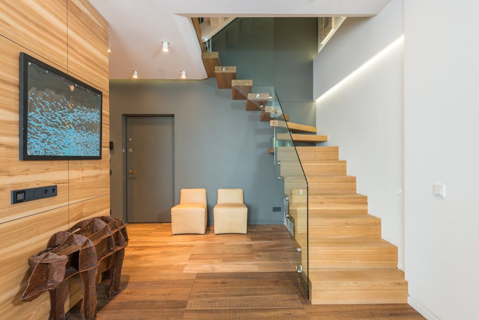 modern office lobby with grand staircase