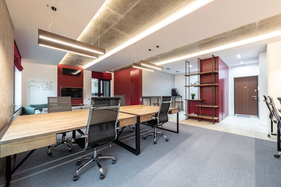 modern office space with rolling TV cart