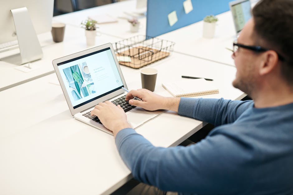 modern office with people working and digital displays