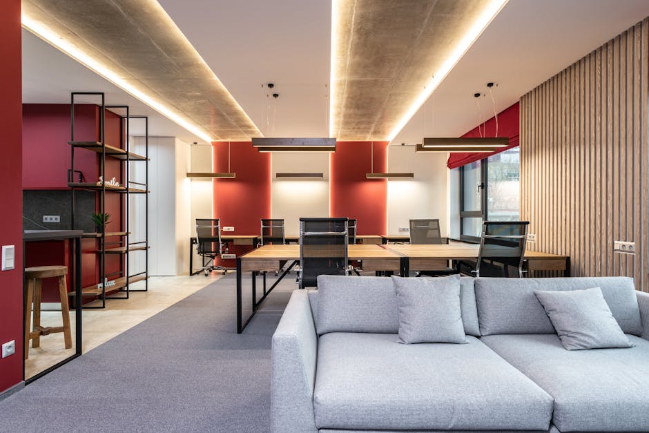 office lobby with unique architectural elements reflecting company brand