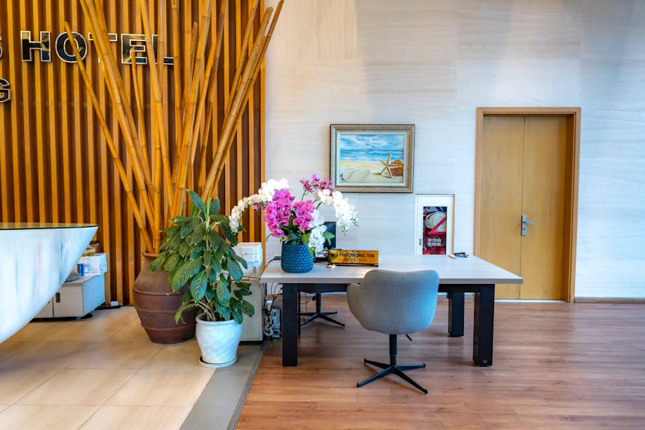 office reception area with indoor plants and greenery