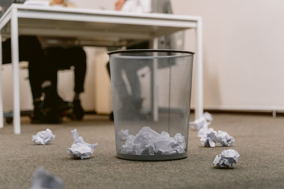office recycling station with clearly labeled bins