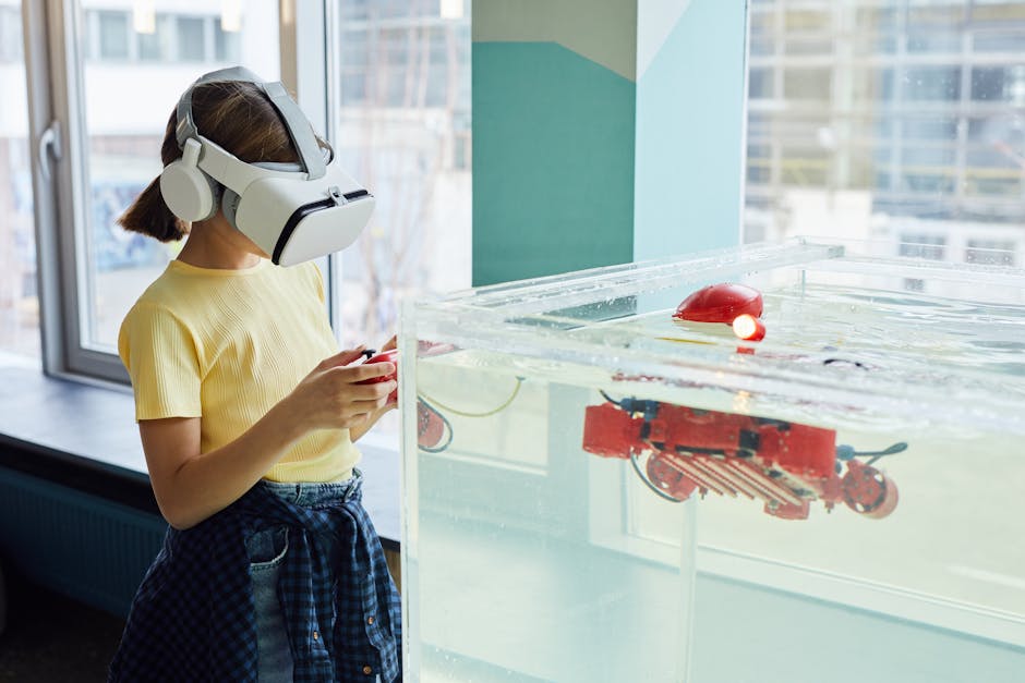 person using virtual reality headset in an office setting