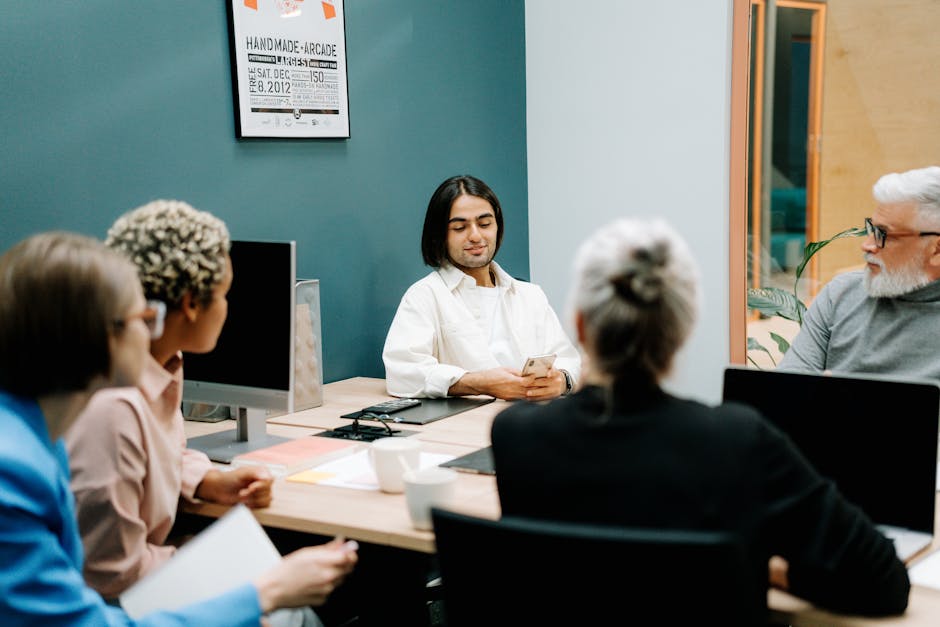 team discussing goals in modern office